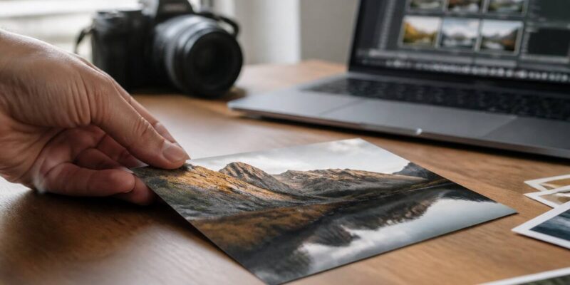 Hand die een foto-afdruk rechtlegt op een houten tafel bij een laptop en fotomateriaal