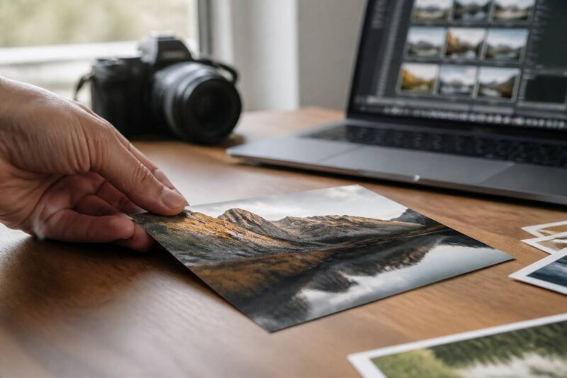 Hand die een foto-afdruk rechtlegt op een houten tafel bij een laptop en fotomateriaal