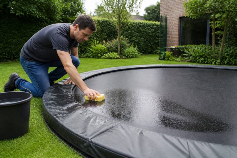 Trampoline schoonmaken in de tuin met spons en emmer