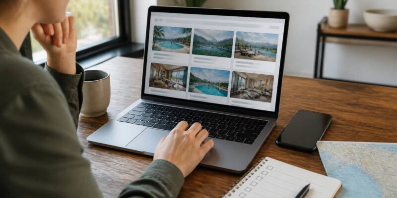 Je vakantie vergelijken met een laptop, smartphone en een checklist aan tafel