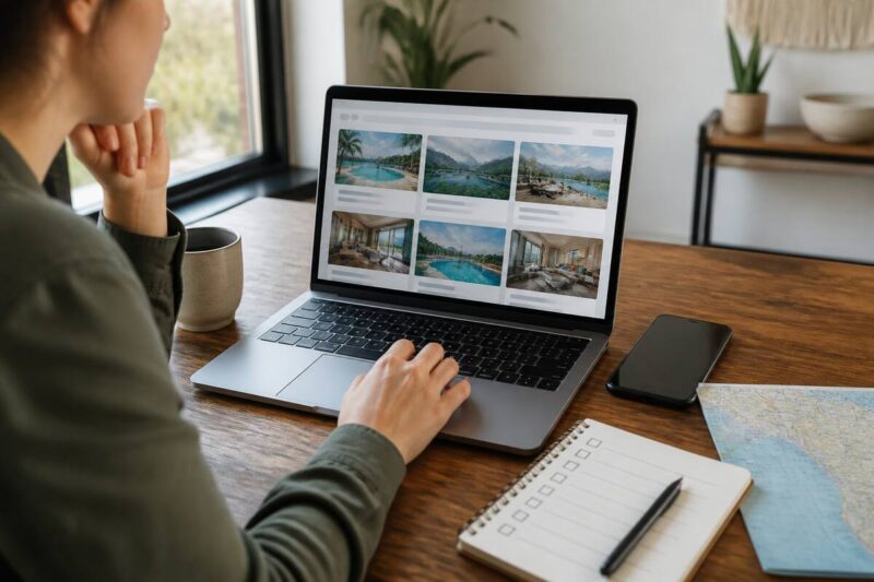 Je vakantie vergelijken met een laptop, smartphone en een checklist aan tafel