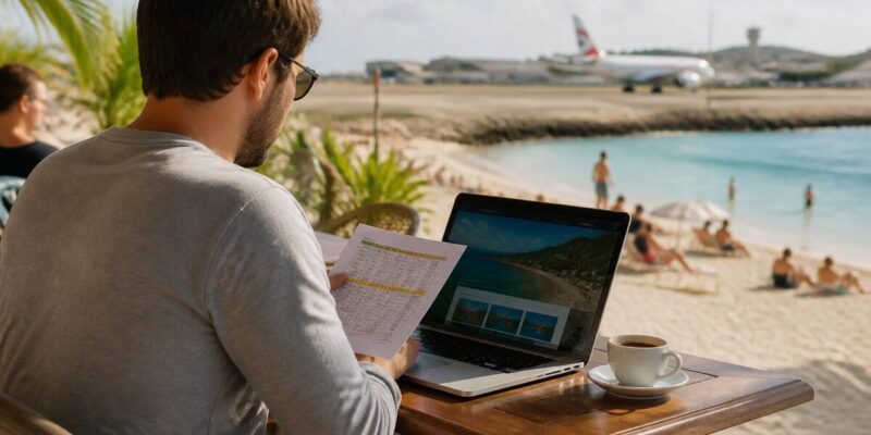 Vakanties vergelijken met laptop en reisnotities aan een tafel in een ontspannen setting